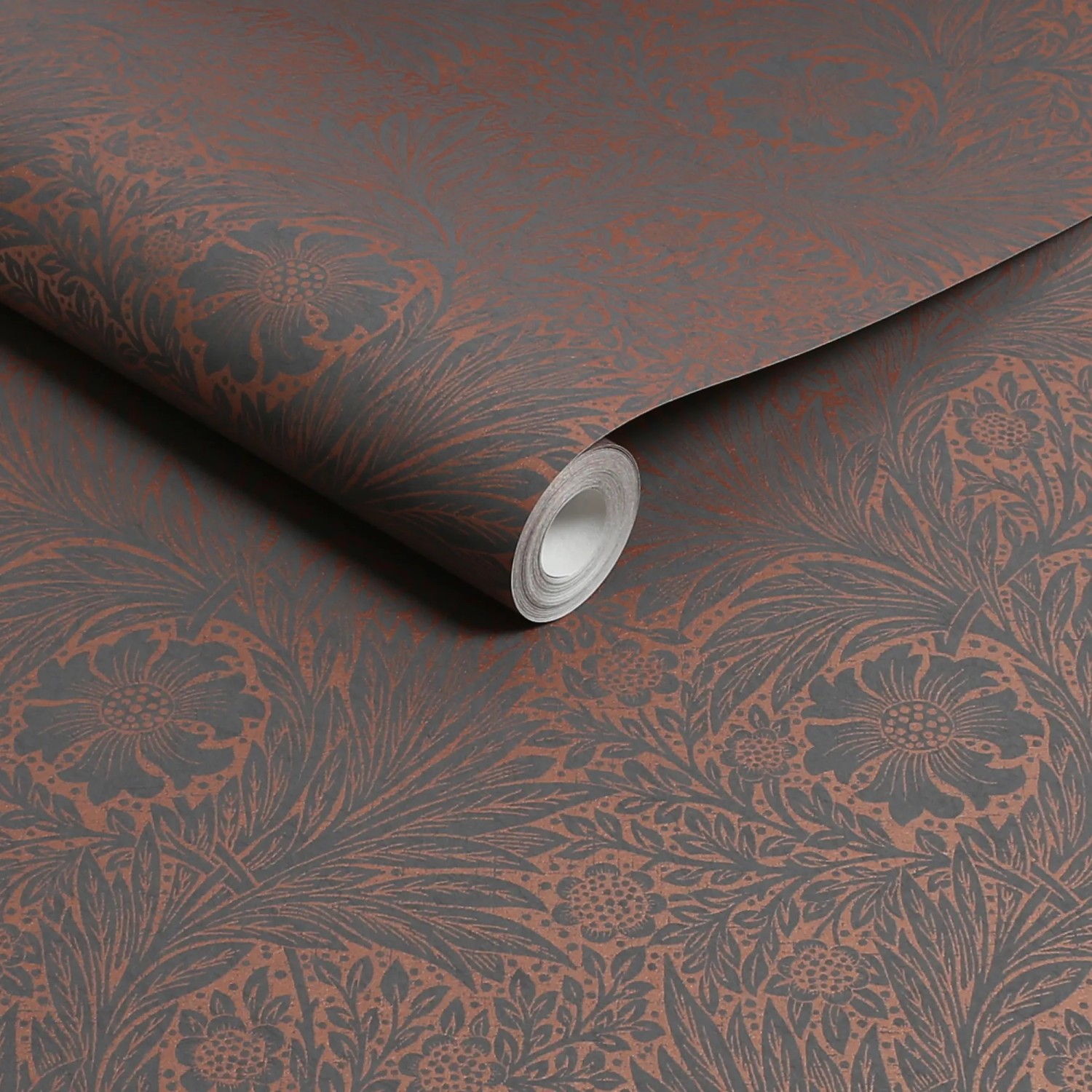 William Morris Vliestapete Marigold Fibrous, grau mit floralem Muster.