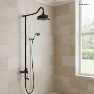 Schwarzes PaulGurkes Duschsystem Aufputz im Retro-Design mit großer Kopfbrause und Handbrause. Wasser läuft an beiger Wand. Brausegarnitur.