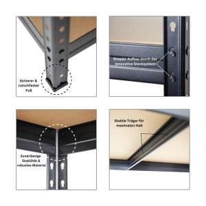 Detailansichten des schwarzen PROREGAL Schwerlastregals mit Stecksystem, rutschfesten Füßen und stabilen Trägern.