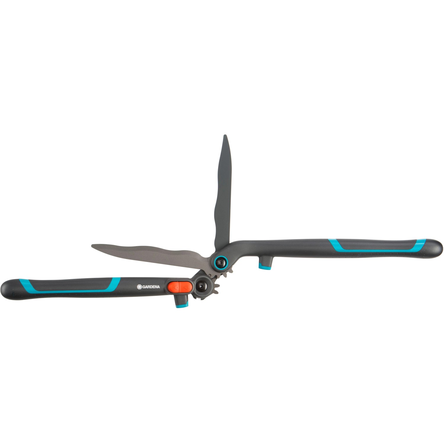Gardena EnergyCut 2in1 Hand-Heckenschere mit grauen Klingen und blau-schwarzen Griffen.