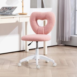 Rosa HOMCOM Bürostuhl mit herzförmiger Teddy-Fleece-Rückenlehne, höhenverstellbar und mit Rollen, am Schreibtisch.