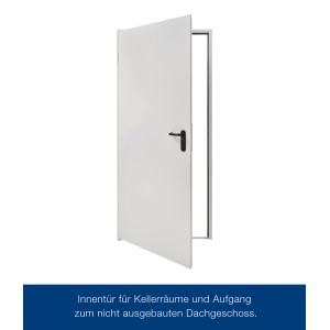 Weiße ZK-Tür mit Eckzarge, DIN links, 875x1875x55 mm, geöffnet mit schwarzem Türgriff.