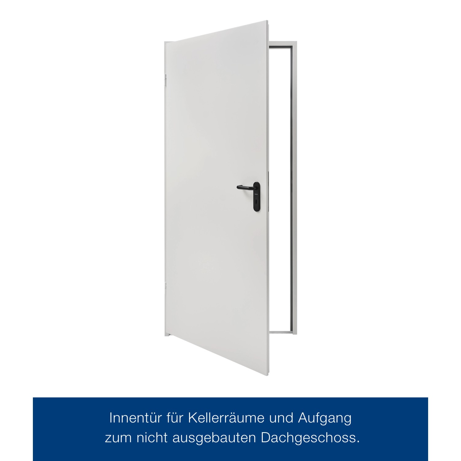 Weiße ZK-Tür mit Eckzarge, DIN links, 875x1875x55 mm, geöffnet mit schwarzem Türgriff.