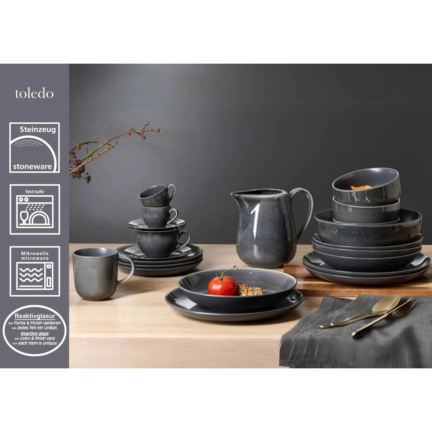 Ritzenhoff & Breker Toledo Tafel-Set, 8-teilig, graphitgraues Steinzeug Geschirr für 4 Personen.