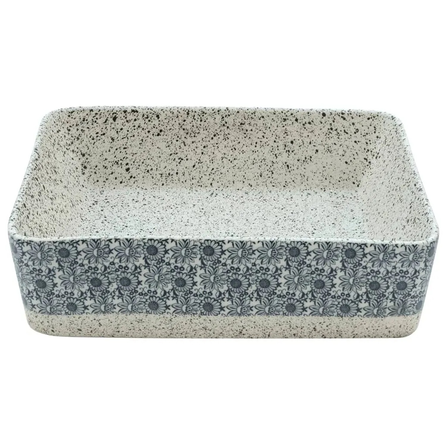 Rechteckiges Aufsatzwaschbecken, grau-blau mit Blumenmuster, 46x35,5x13cm, aus Keramik.