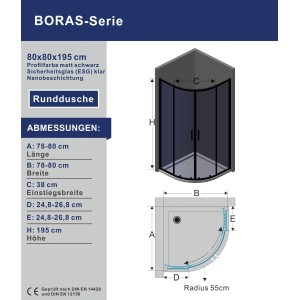 Aquabatos Viertelkreis-Duschkabine Runddusche 6 mm ESG Sicherheitsglas Duschabtrennung Schiebetür 80 x 80 x 195 cm Duschtrennwand Schwarzmatt