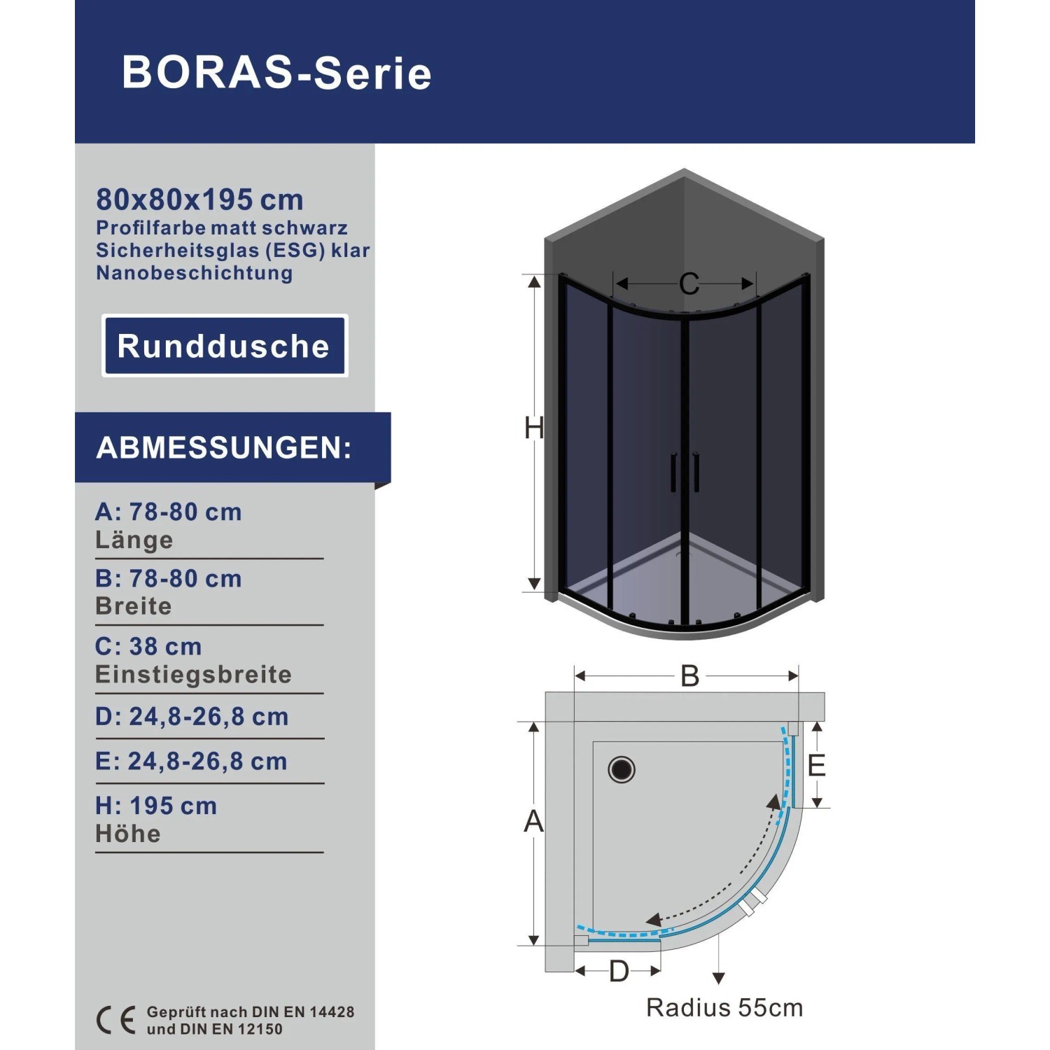 Aquabatos Viertelkreis-Runddusche mit Schiebetür, 80x80x195 cm, schwarzmatt