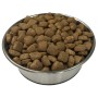 Edelstahlnapf voll mit braunem vidaXL Maxi Adult Trockenfutter für große Hunde, Rind & Huhn, 15 kg.