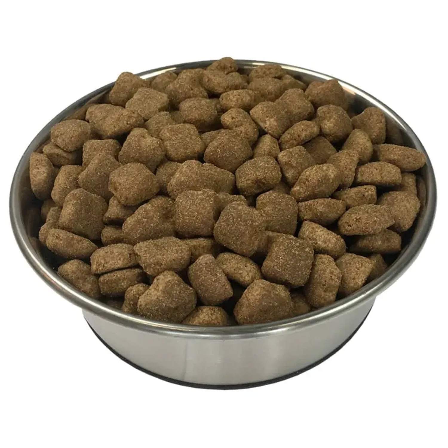Edelstahlnapf voll mit braunem vidaXL Maxi Adult Trockenfutter für große Hunde, Rind & Huhn, 15 kg.