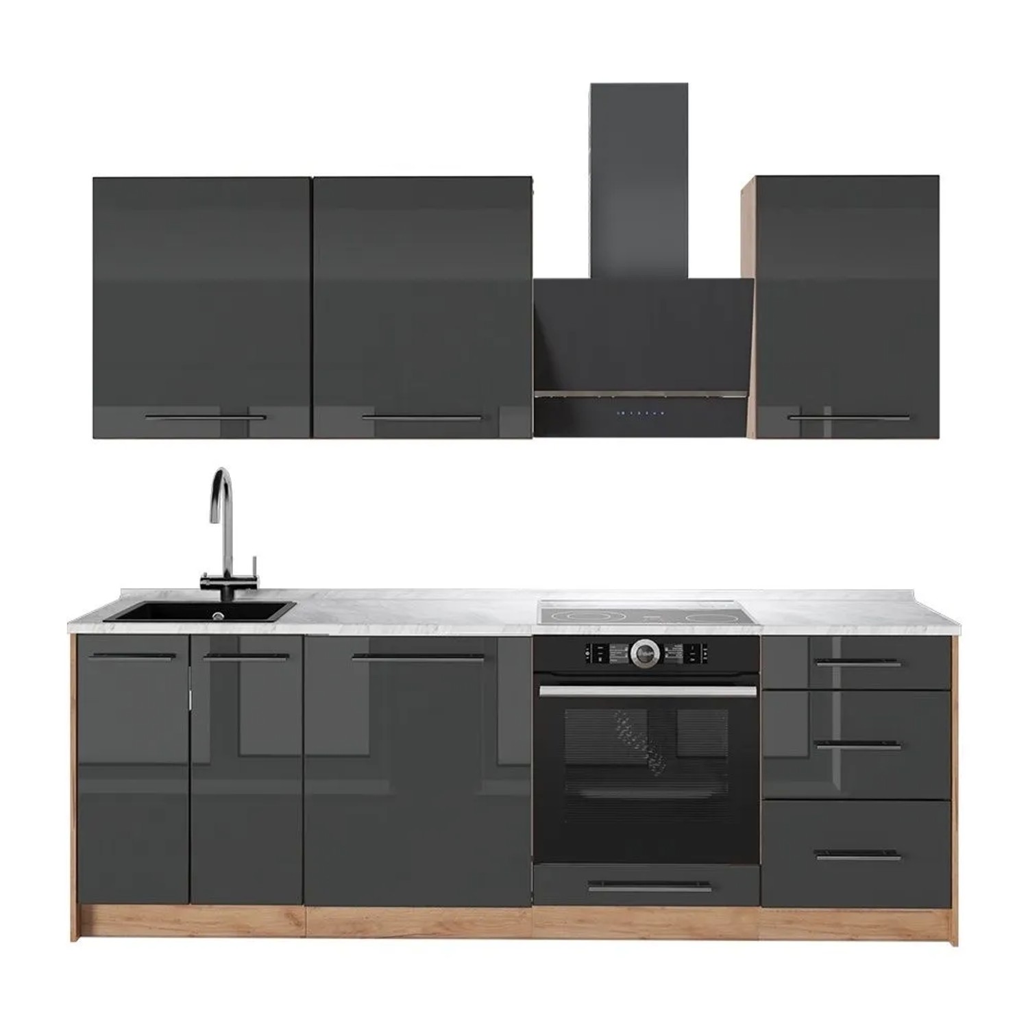 Vicco Küchenzeile Fame-Line Anthrazit Hochglanz/Goldkraft Eiche 230 x 82 AP Marmor Art Nr 63980