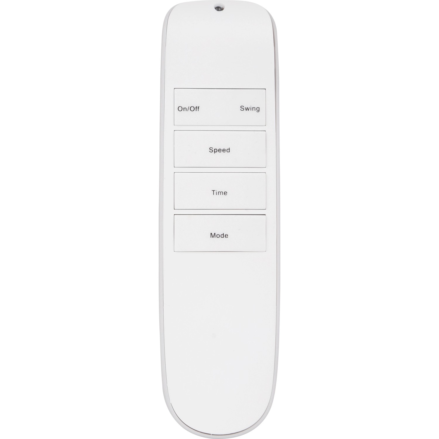Fernbedienung für Bladeless Standventilator TV 45-67, weiße Tasten für On/Off, Swing, Speed, Time und Mode.