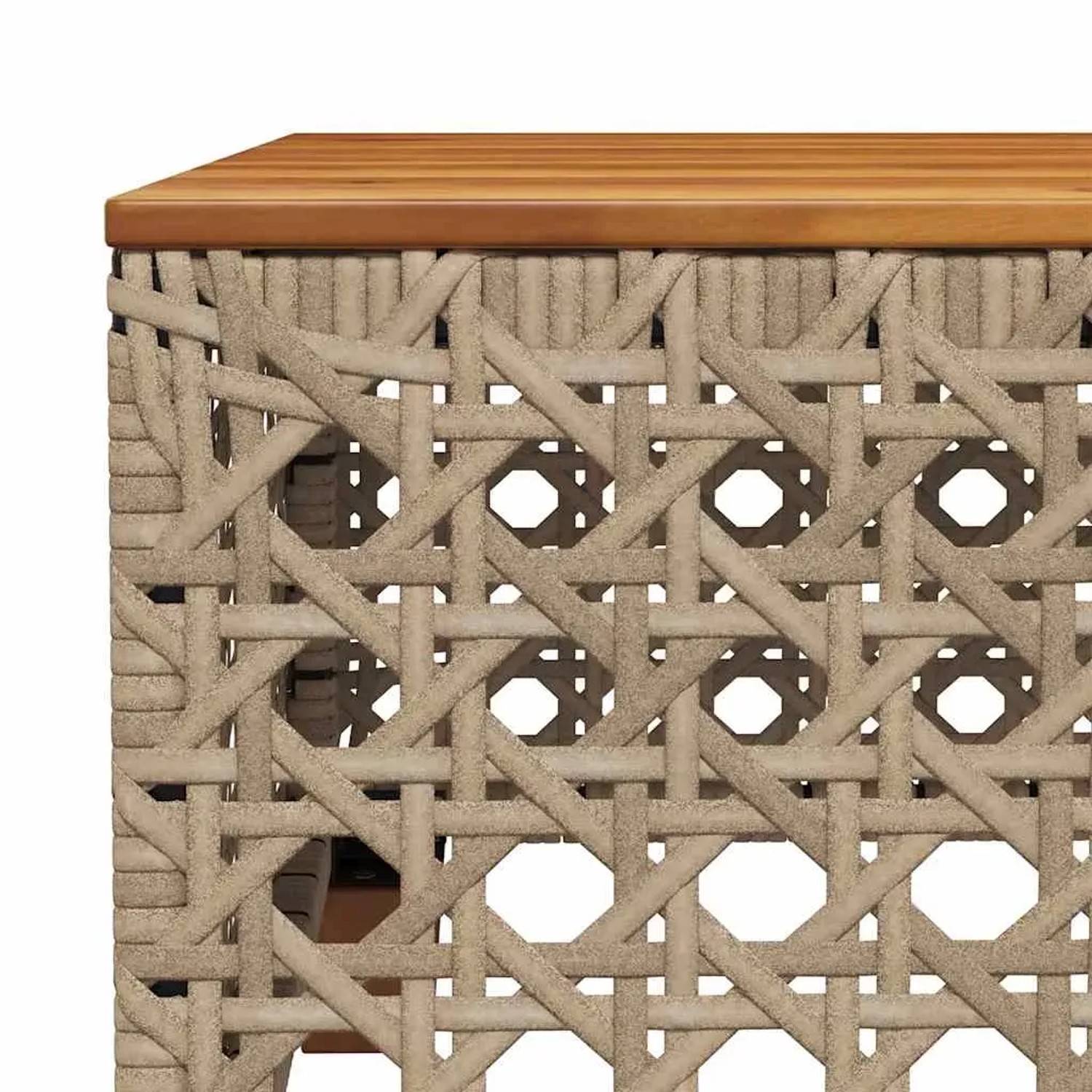 Detailansicht: Beige vidaXL Gartenmöbel aus Rattan mit Holzplatte.