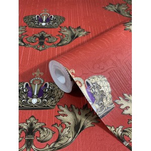 Glööckler Vliestapete in Rot-Gold mit Krone, Blattmotiv und Wappenoptik.