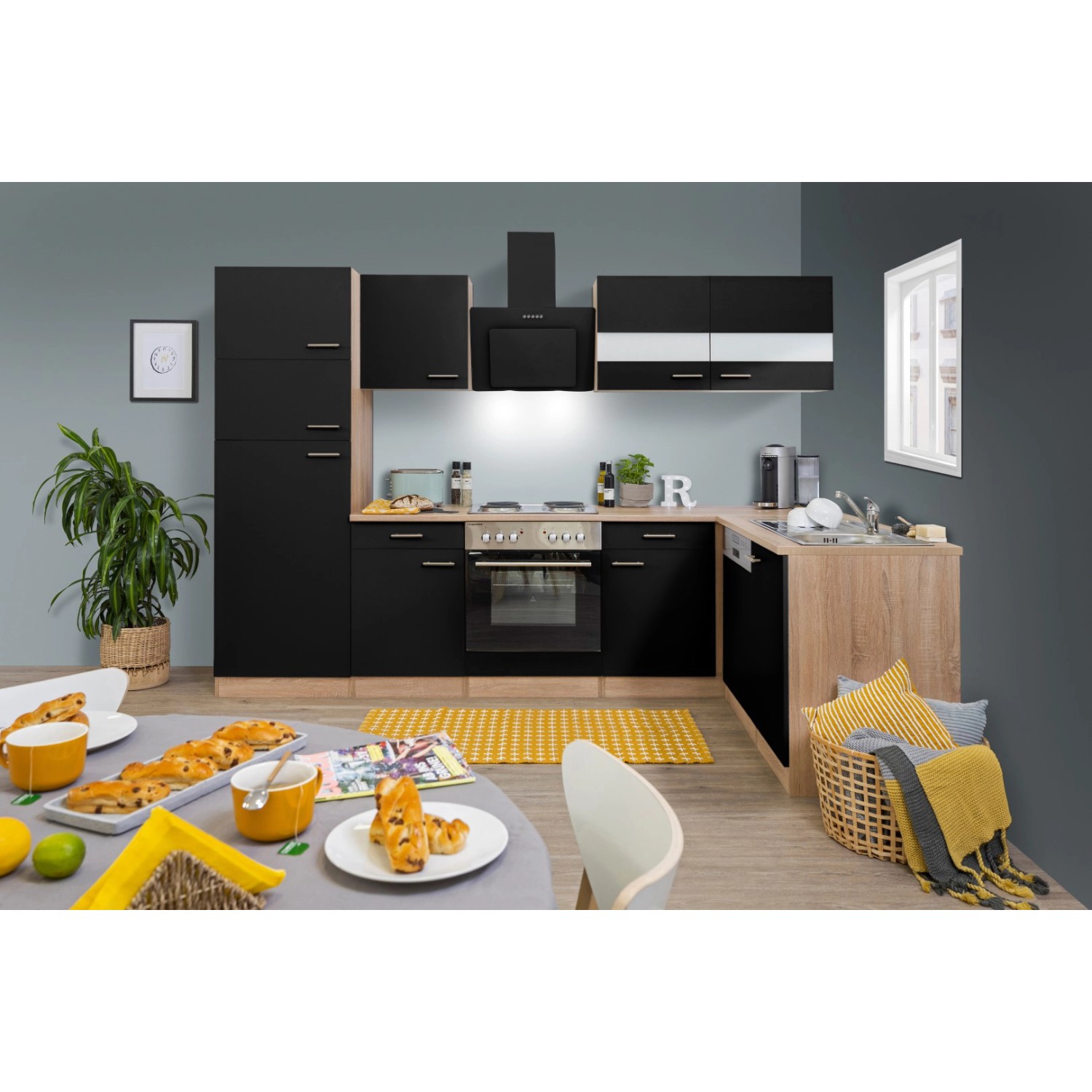 Respekta Winkelküche KBL280ESSS 280 cm Schwarz-Eiche Sonoma Sägerau Nachbildung