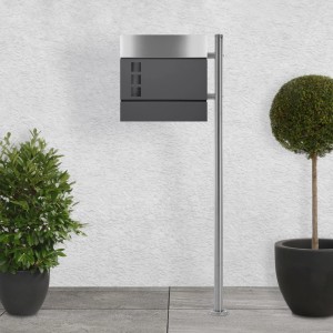 Moderner ECD Germany Standbriefkasten, anthrazit/silber, mit Zeitungsfach und silbernem Standfuß.