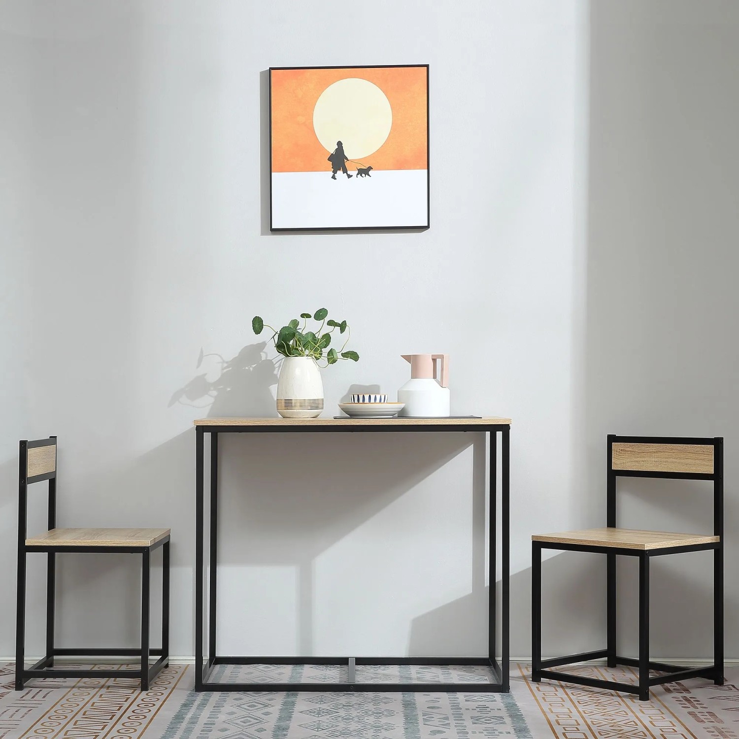 HOMCOM Essgruppe: Tisch und 2 Stühle in Eiche-Optik und schwarzem Metall. Kompaktes Industriedesign für 2 Personen.