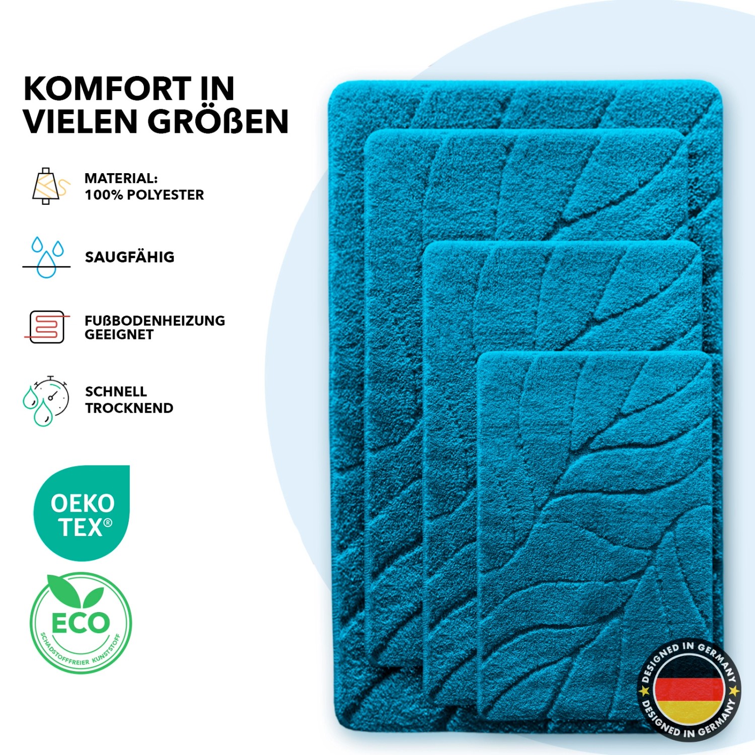 Türkise Karat Badematten Maris mit Blattmuster, verschiedene Größen.