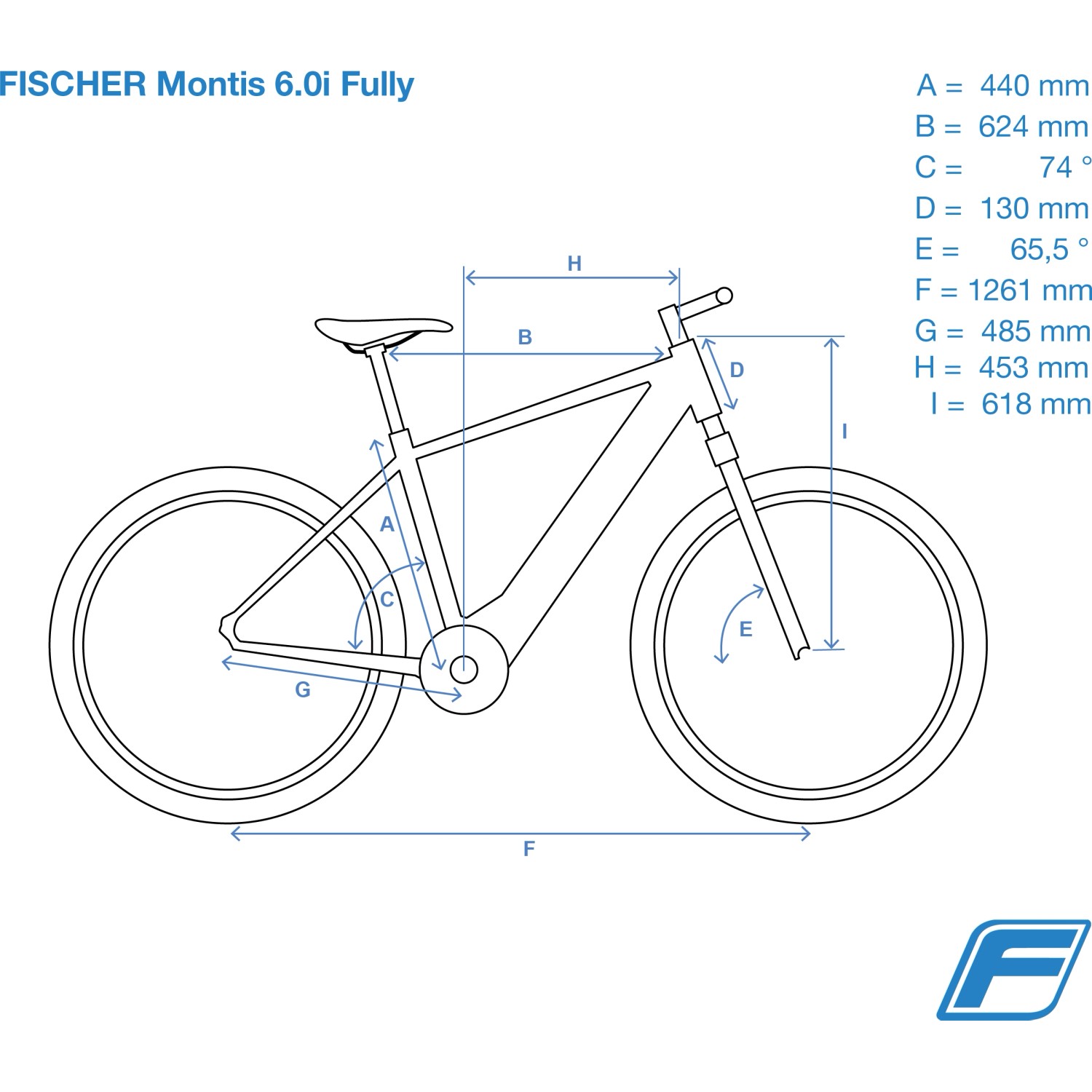 Skizze des Fischer E-Bike Montis 6.0i Fully mit Maßangaben. E-Bike für anspruchsvolle Trails.