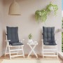 Zwei anthrazitfarbene Hochlehner-Auflagen aus Oxford-Gewebe auf weißen Gartenstühlen. Komfortable Sitzkissen für Outdoor.