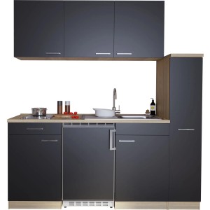 Respekta Miniküche KB180ESSC, 180 cm, Schwarz, mit Glaskeramikkochfeld und Unterbaukühlschrank.