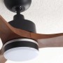 Pepeo Deckenventilator Notos 132cm mit LED-Beleuchtung, dunklem Holzdekor und schwarzem Gehäuse.