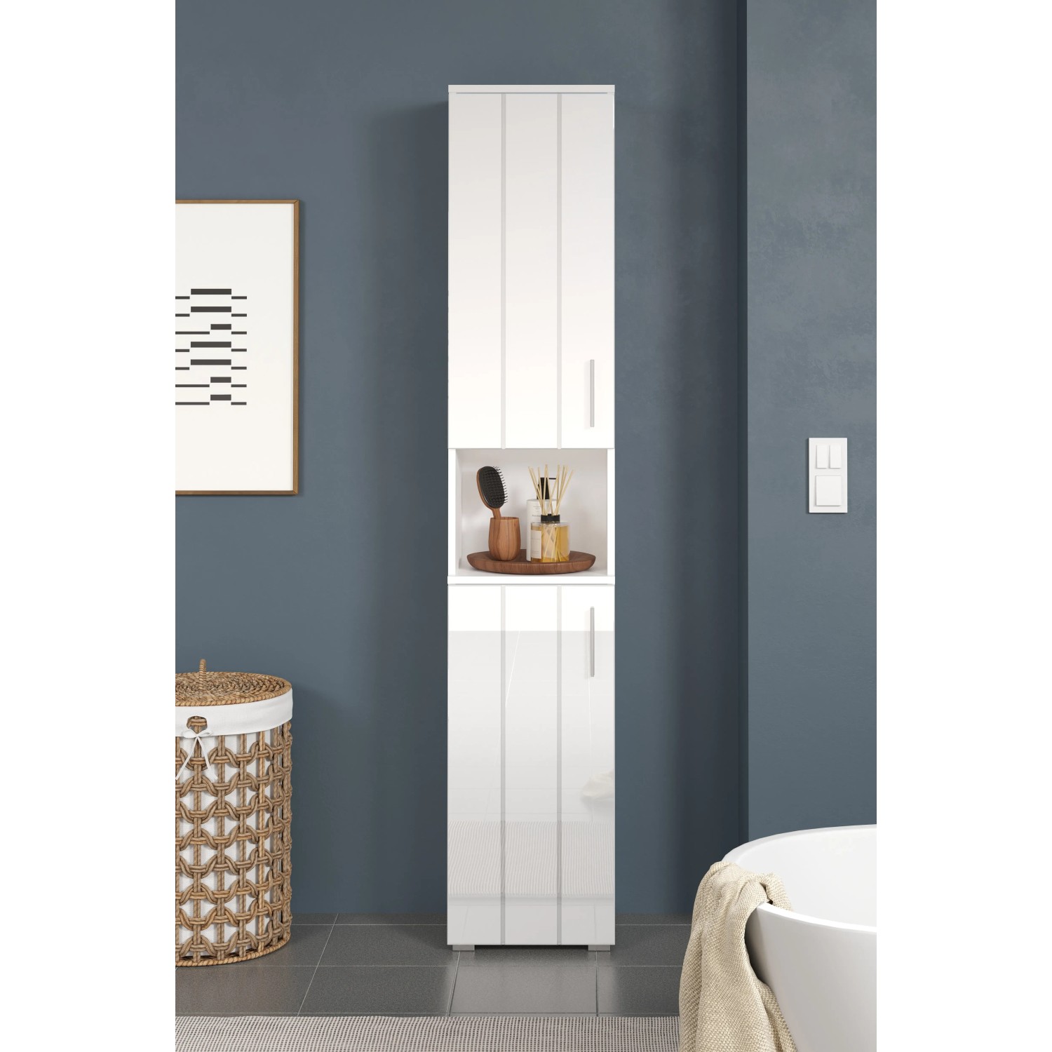 Weißer Trendteam Hochschrank Wons, Bad-Standregal mit Fächern und Schublade, Hochglanz Optik.
