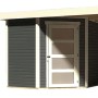 Terragraues Karibu Holz-Gartenhaus mit Flachdach und Anbau, lackiert, 209x213 cm.