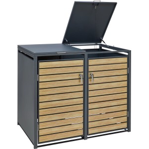 Mülltonnenbox 2er aus Metall, grau mit Holzoptik, für zwei 240-Liter-Tonnen, Deckel geöffnet.