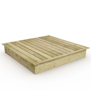 Quadratischer WICKEY Sandkasten King Kong mit Deckel aus hellem Holz, 195x195 cm.