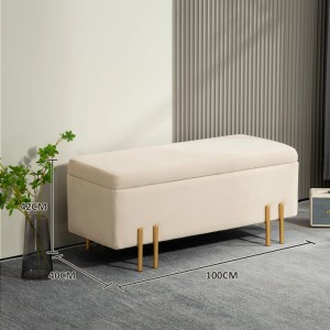 Beige Samt Sitzbank mit Stauraum (100x40x42cm) und goldenen Füßen.
