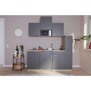 Respekta Single-Küche KB180ESGMIC in Grau-Eiche mit E-Geräten wie Kühlschrank und Mikrowelle.