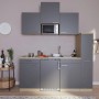 Respekta Single-Küche KB180ESGMIC in Grau-Eiche mit E-Geräten wie Kühlschrank und Mikrowelle.