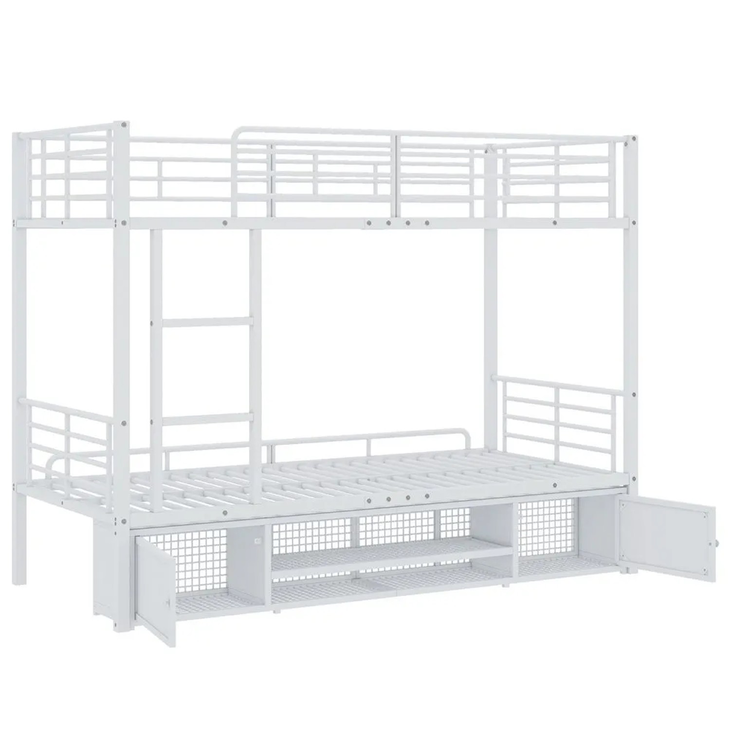 KOMHTOM Etagenbett 90x200Cm Mit Schuhschrank Doppeltüriger Lagerschrank Kinderbett Mit Seitenleiter Und Fallschutzgitter Eisen Weiß