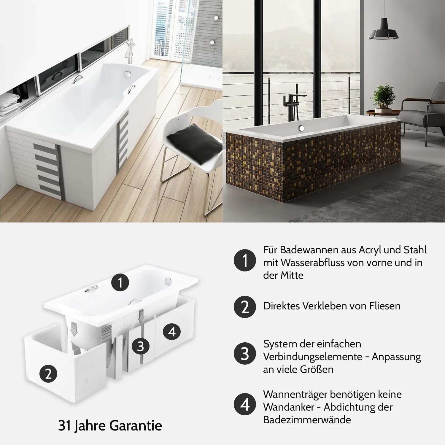 Bad Land Rechteck Badewanne BONA 160x70 mit Zubehör und zwei Design-Beispielen.