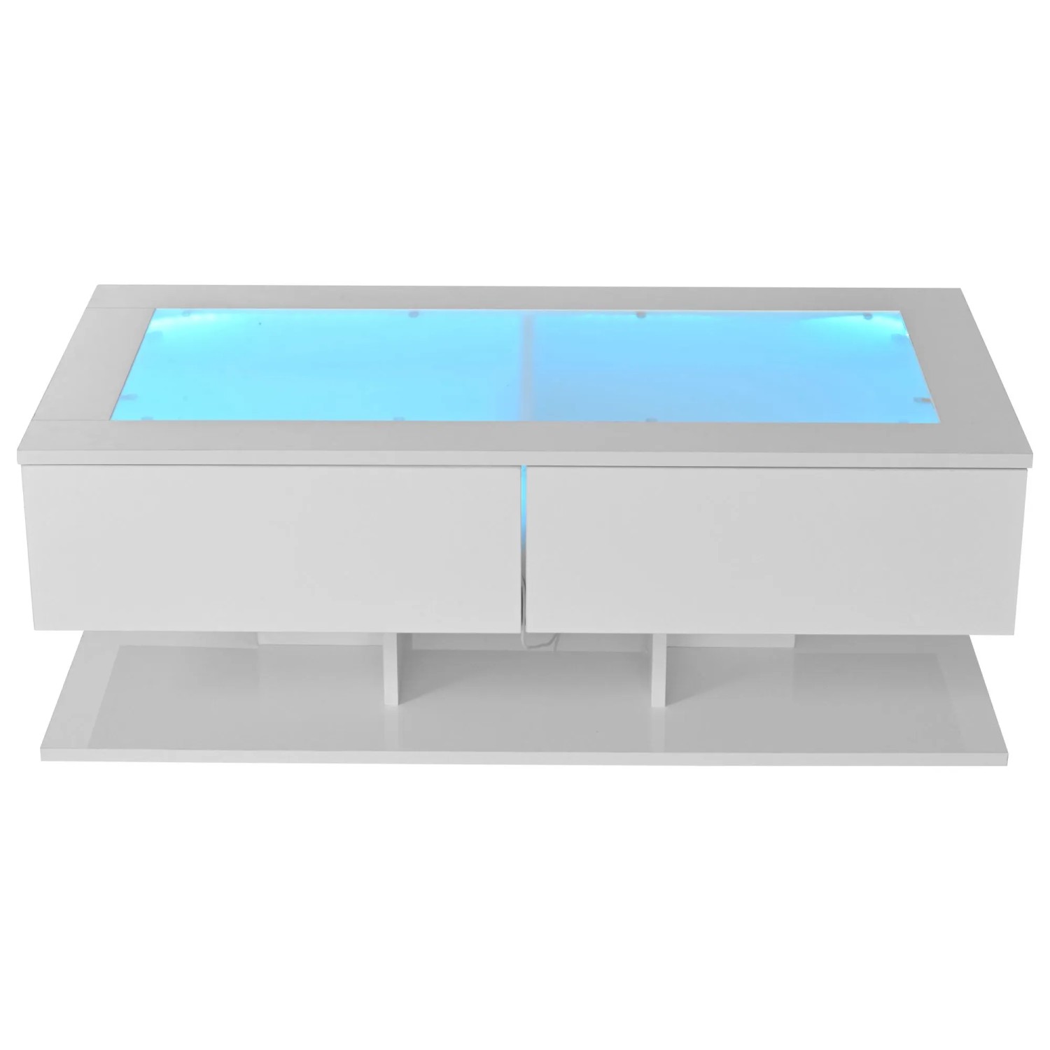 Merax Couchtisch Hochglanz Mit LED Glasplatte Schubladen Weiß