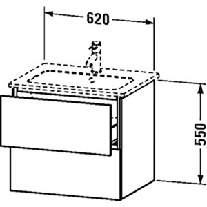 Skizze: Duravit Waschbeckenunterschrank L-Cube, weiß matt, 62 cm, mit Maßen.