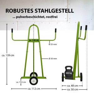 TRUTZHOLM Plattenwagen aus Stahl, grün, mit Maßangaben und 300 kg Gewicht.