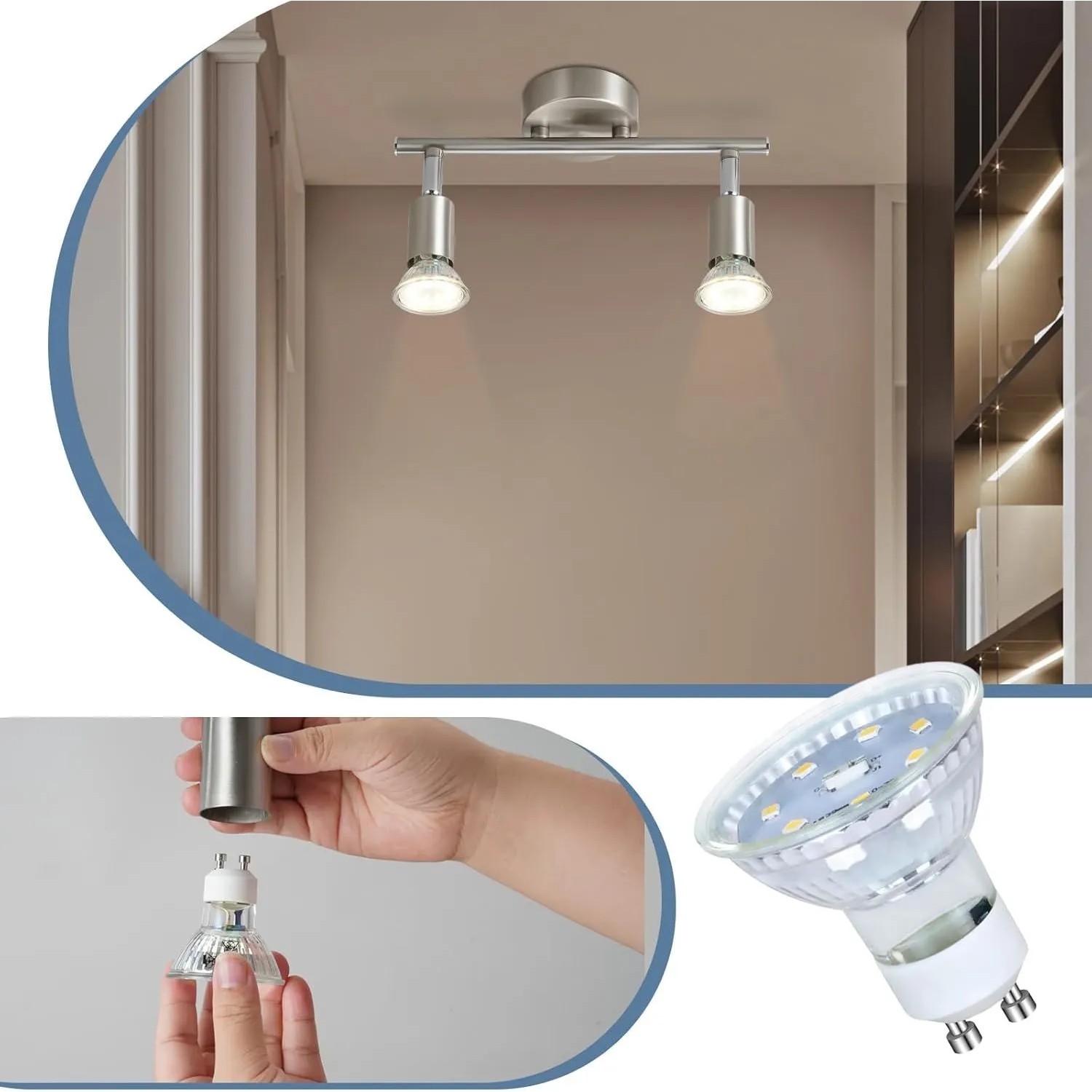 Silberner 2-flammiger NETTLIFE Deckenstrahler aus Metall im Chrom-Design, flexibel einstellbar. GU10-Spots.