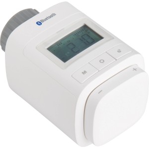 Elektronischer Heizkörperthermostat SH 6 Bluetooth, weiß-matt, mit Display und Bedienelementen.
