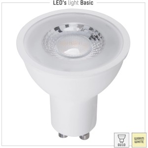 Weißes GU10 LED Leuchtmittel, 4,5 W, für warmweißes Licht im Wohnbereich.