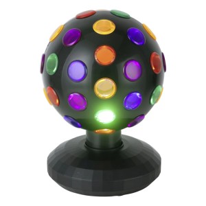 Eglo LED-Discotischleuchte Disco: Schwarze Kugel mit bunten LED-Lichtern auf Sockel, leuchtet grün. Für Party-Atmosphäre.