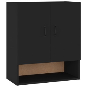 Schwarzer Wandschrank (60x31x70 cm) mit 2 Türen und offenem Fach für Büro oder Arbeitszimmer.