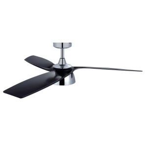 Energiespar Deckenventilator Bronx mit LED, Chrom-Gehäuse und schwarzen Flügeln.