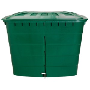 Grüne, eckige Garantia Regentonne mit Deckel und Hahn, 520 l Fassungsvermögen.