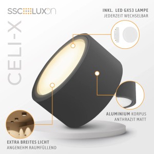 Flacher, anthrazitfarbener LED Deckenstrahler CELI-X mit warmweißer GX53 Lampe. Ideal für Wohnräume.