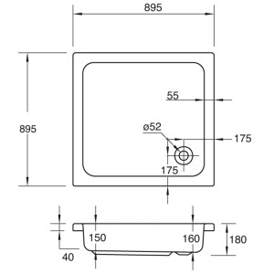 Technische Zeichnung: Ottofond Duschwanne Saba Quadrat, 90x90 cm, Maße und Details.