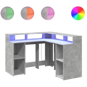 Eck-Schreibtisch mit LED, Betongrau, 130x130 cm, Holzwerkstoff, mit Fächern und RGB-Beleuchtung.