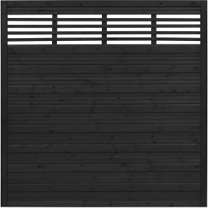 Anthrazitfarbener Sichtschutzzaun Nicea, 180x180 cm, mit gewellten Lamellen und Latten im oberen Bereich.