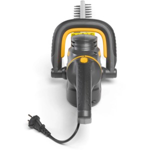 Stiga Elektro-Heckenschere HT 105c, 500W, 45cm Schnittlänge, graues Gehäuse mit gelben Akzenten.