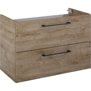Maximus Waschbeckenunterschrank CHEESE Eiche, 80 cm breit, mit zwei Schubladen und schwarzen Griffen.